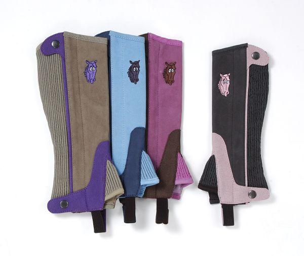 Childs Synthetic Luxury Suede Half Chaps With Embroidered Horsehead