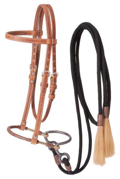 Harness Leather Headstall With Training Bosal And Cord Split Reins
